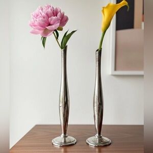 Vintage Mid-Century Modern Heavy Metal Bud Vases - Pair - Sleek Teardrop Design